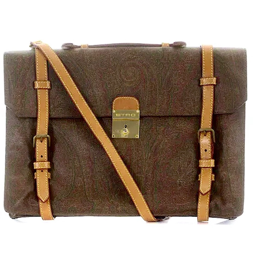 ETRO MILANO Paisley Document Holder Crossbody Messenger Bag Vachetta Leather